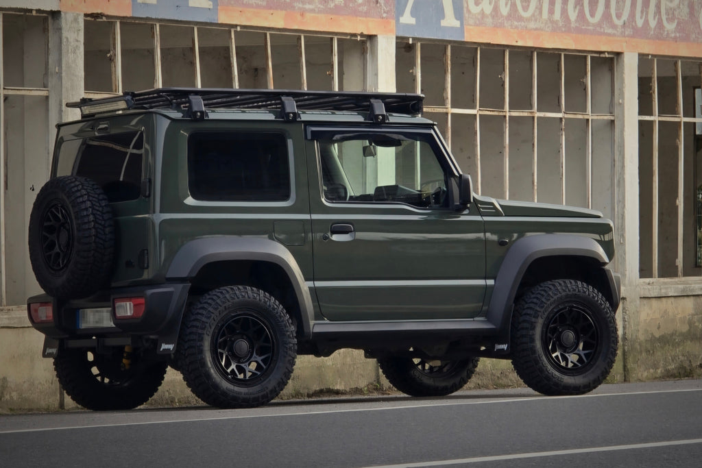 Green Suzuki Jimny with Satin Black Magpie M-01 Wheels